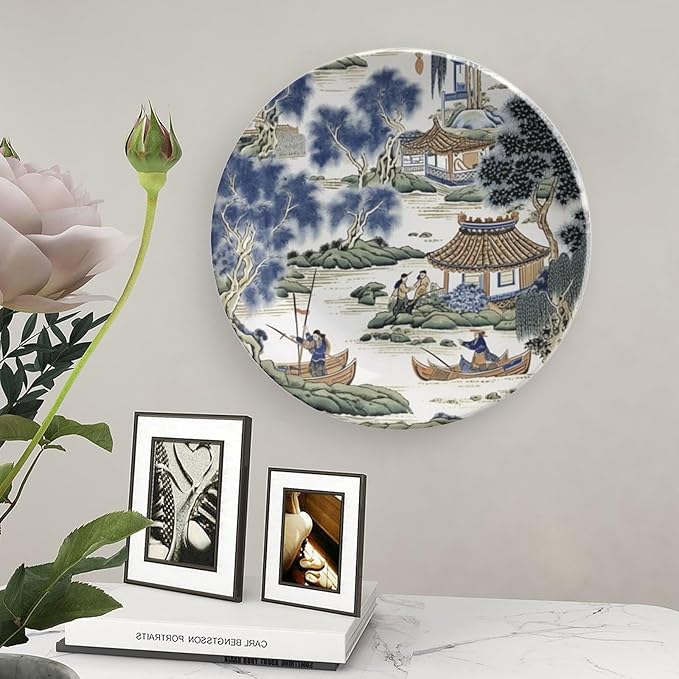 Asian Scenic in Blue And Kelly Green Chinoiserie Decorative Plate of 6", 7", 9", 10", Personalized Ceramic Display Plate, Wedding Kitchen Decorations Table, Including Bracket And Special Hook