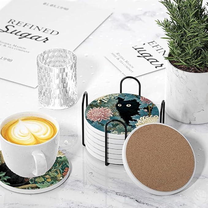 Vintage Absorbent Coasters with Holder Set of 6, Ceramic Stone with Cork Base, Black Cat Floral Design, Gift for Housewarming Room Bar Home Decor Kitchen