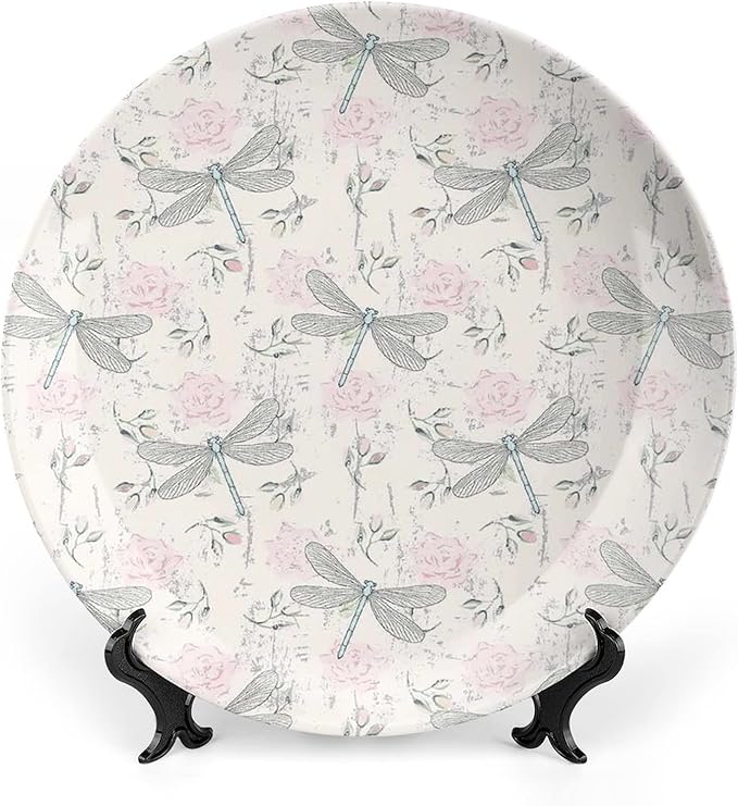 XISUNYA 7 Inch Decorative Plate, Dragonfly Tableware Plate, Chic Roses Vintage Moth Bugs Print Ceramic Wall Hanging Decor Accessory for Dining Table Tabletop Home Decor