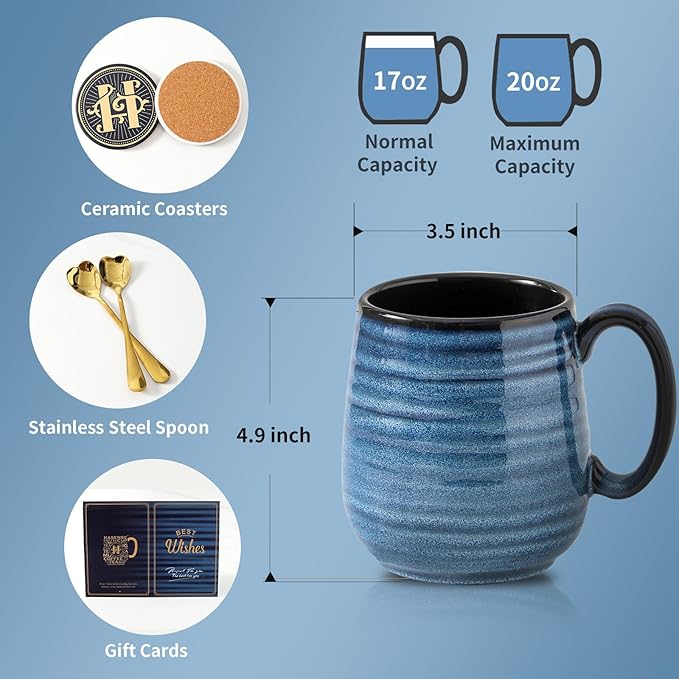 HASENSE Coffee Mugs Gift Set, 20 oz Ceramic Coffee Cups for Men and Women, Premium Large Tea Cups Gift Box with Coaster & Gold Spoon, Blue Couple Mugs for Wedding Holiday
