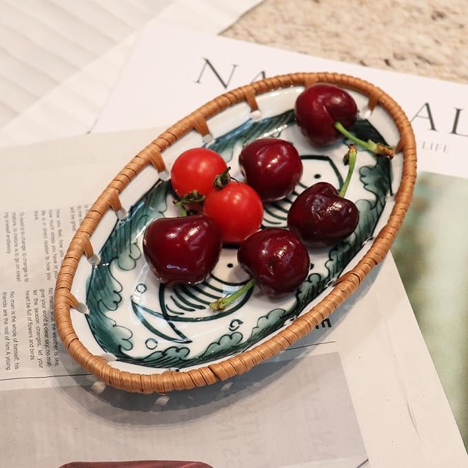 Rattan Ceramic Tray, Oval Fruit/Bread/Cookie/Jewelry Small Storage Porcelain Serving Plate, Vintage Decorative Display Plate for Coffee Table Home Decor Wedding Party Gift (Green Fish)