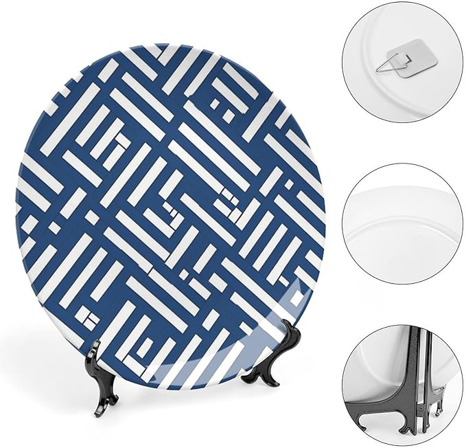 Lacefield Trellis Print Geometric Blue Ceramic Decorative Plate, Bone China Decorative Plate for Club Household Festival Decor, Unique Art with Stand Art Decorations for Display Housewarming Gifts
