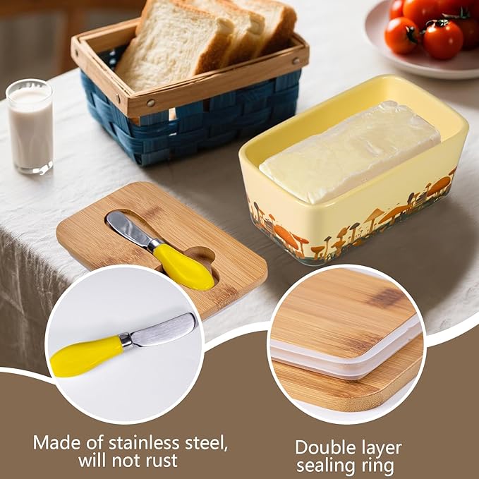 Mushroom Butter Dish with Lid,Large Butter Crock Keeper Saver,Ceramic Butter Container for Countertop with Highly Sealed Silicone Thick Wooden Lid for Kitchen Farmhouse Decor (Yellow, Mushroom)
