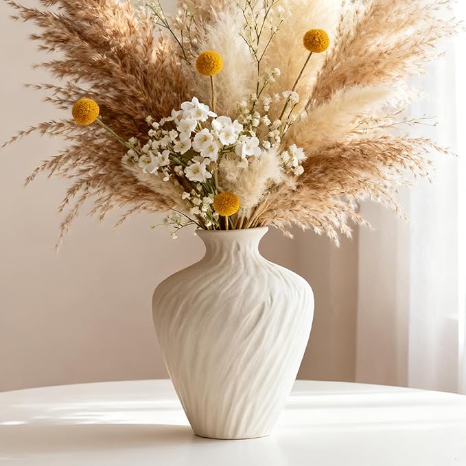 Ceramic Vase - 9.84 Inch Beige Flower Vase for Home Decor, Boho Farmhouse Minimalist Modern & Wabi Sabi Centerpiece with Textured Wave Pattern for for Living Room, Ideal Gift for Housewarming