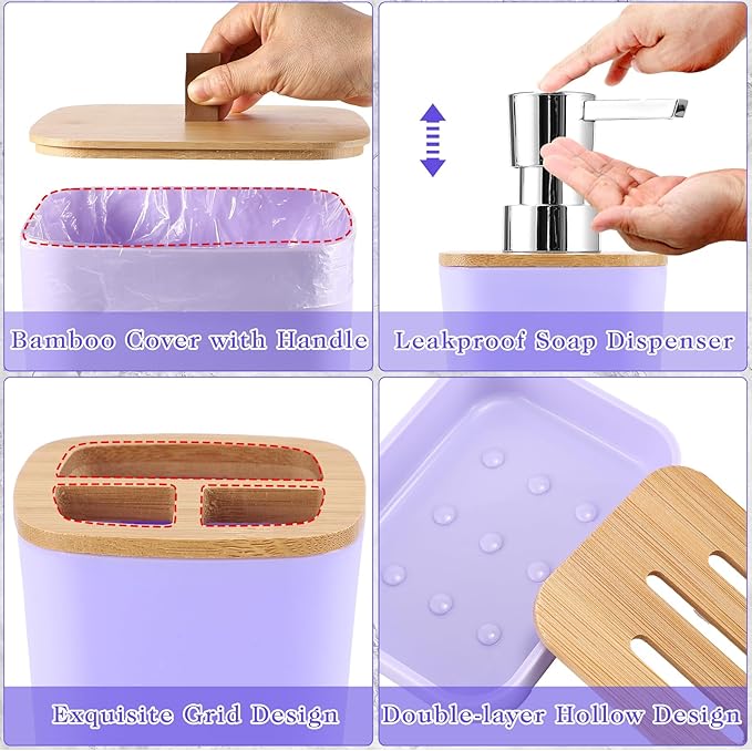Purple Bathroom Accessories, Bathroom Accessories Set with Trash Can, Soap Dispenser, Toothbrush Holder, Toothbrush Cup, Soap Dish, Toilet Brush, Tray and Q-tip Holders for Housewarming
