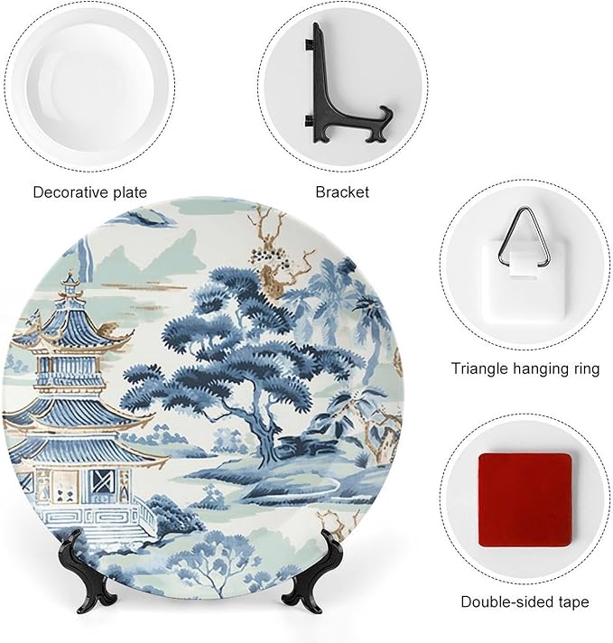 Blue And White Chinoiserie Pagoda Ming Toile Asian Decorative Plate, Custom Hand-Painted Ceramic Decorative Plates for Wedding Club Decor, Unique Art with Stand Art Decor for Wall Household