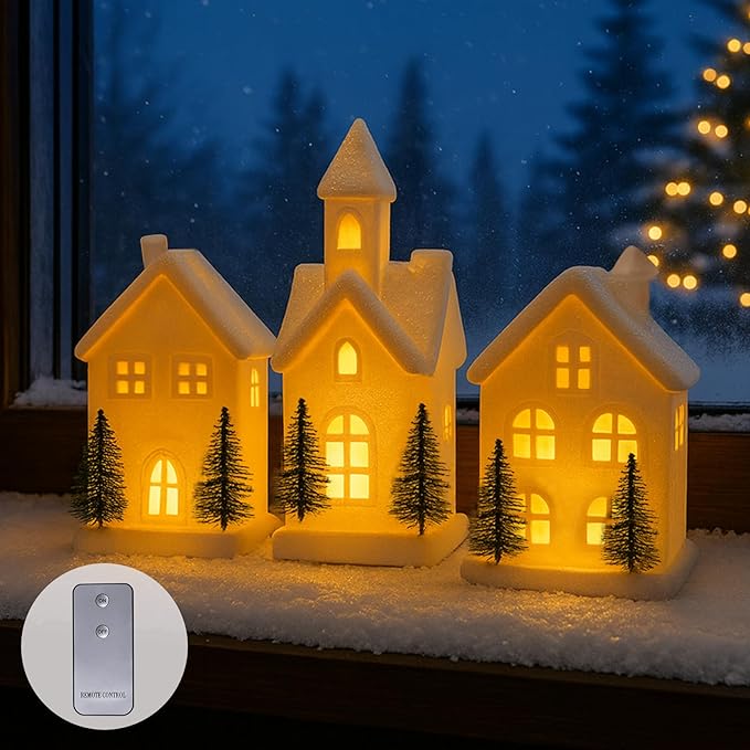 Christmas Decorations - Indoor Christmas Village Set of 3 Lighted Ceramic Houses with Trees - White Xmas Holiday Farmhouse Rustic Decor for Home Table Room