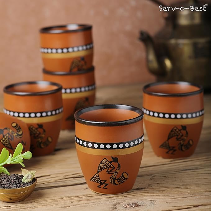 Handmade Cantaritos de Barro Ceramic Tea Cups Set – 6 Desi Kulhad Chai/Coffee (5 oz Capacity), Lead-Free, Dishwasher & Microwave Safe, Glazed, finish Clay Tea/kulhar/kullar - Brown Color