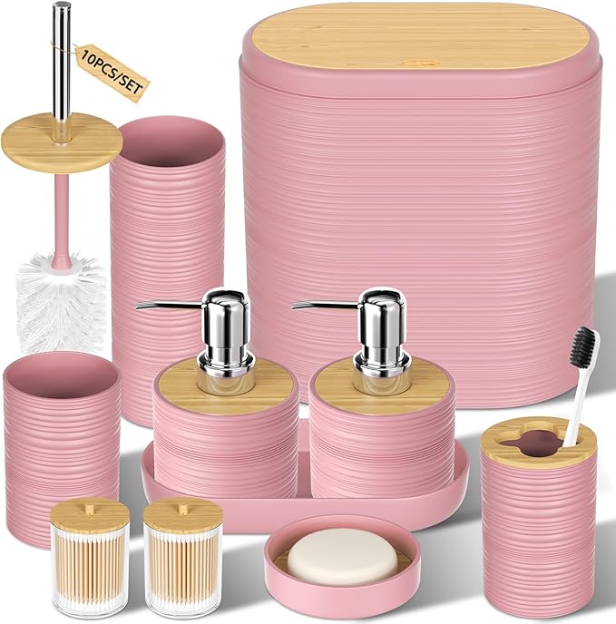 Pink Bathroom Set - 10PC Bathroom Accessories Set, Luxury Bathroom Accessory Set with Trash Can,Toilet Brush & 2 PC Soap Dispensers for Apartment Decor and Housewarming