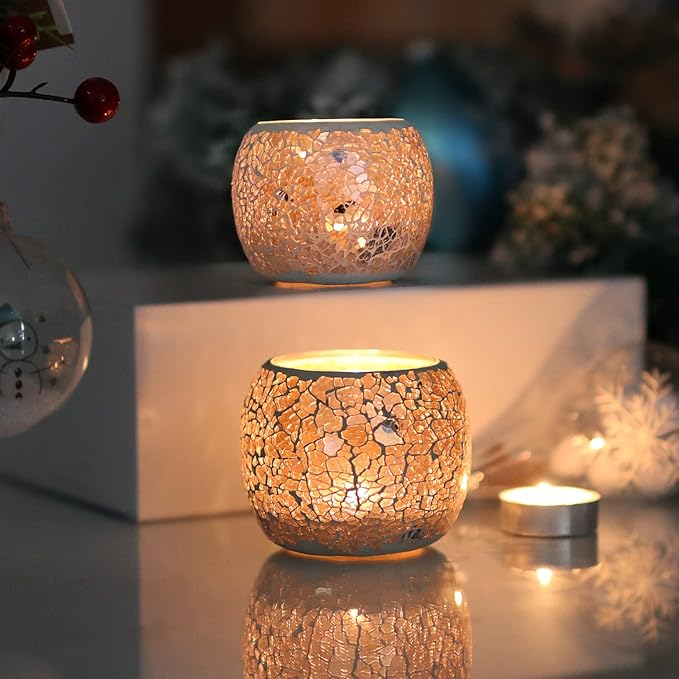 Romantic Mosaic Cracked Candle Holders(NO Candles) Wedding Dinner by Candlelight,Handmade Tea Light Holders Candles Cape Bowl for Valentine's,Christmas Table Centerpiece,Party Decor 1 PC (Nude Gold)