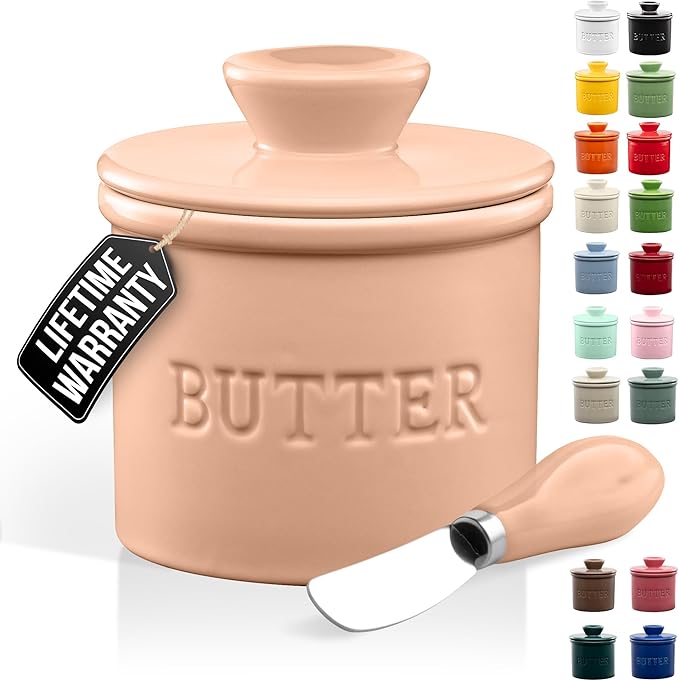 Zulay Kitchen Bell Shaped Butter Crock with Lid for Countertop with Water Line & Spreader Knife, Ceramic French Butter Dish Keeper For Fresh, Soft & Spreadable Butter - Peach