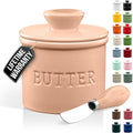 Zulay Kitchen Bell Shaped Butter Crock with Lid for Countertop with Water Line & Spreader Knife, Ceramic French Butter Dish Keeper For Fresh, Soft & Spreadable Butter - Peach