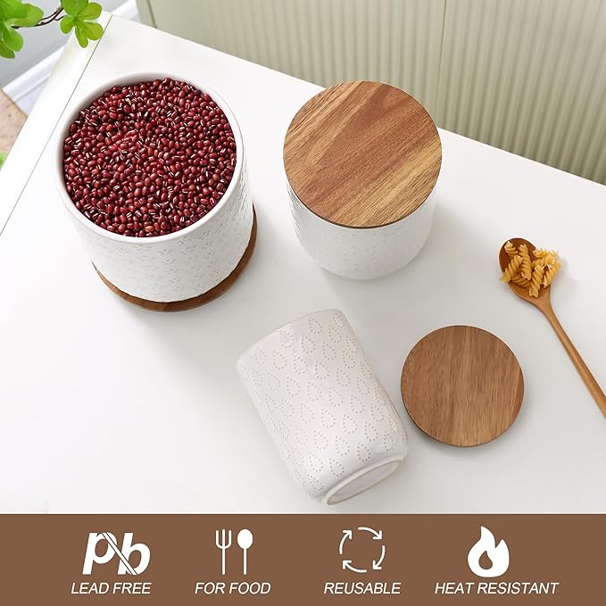 Canisters Sets for the Kitchen, White Ceramic Canister Set with Airtight Wood Lids, 3 Pcs Embossed Food Storage Jars Containers for Flour, Sugar, Spice, Coffee, Tea (70/40/25 oz)