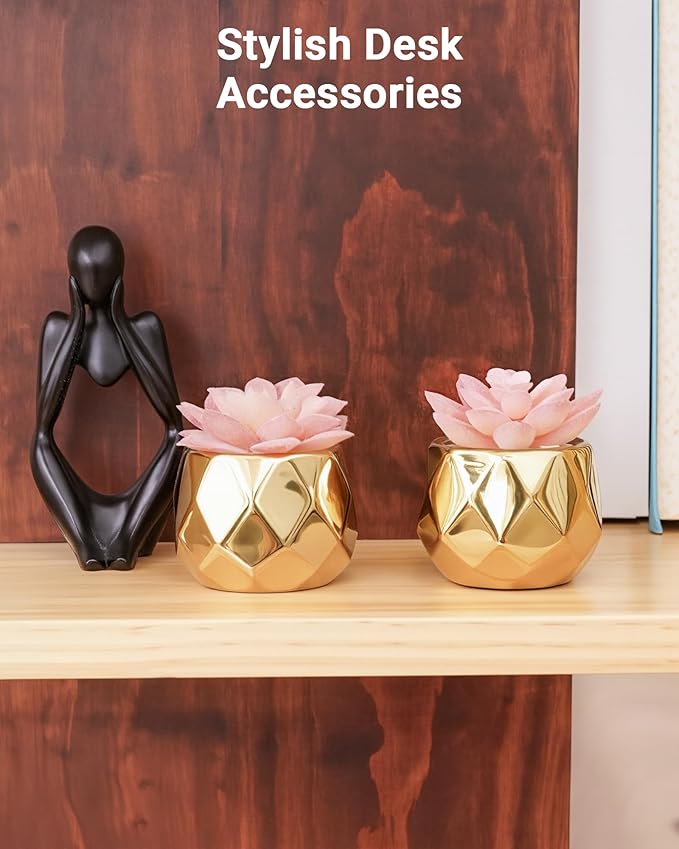 VIVERIE Mini Succulents Plants Artificial in Pots-Pink with Golden Ceramic, Christmas Small Fake Succulents Plants for Home Decor Indoor for Women, Set of 2, Gifts for Mom