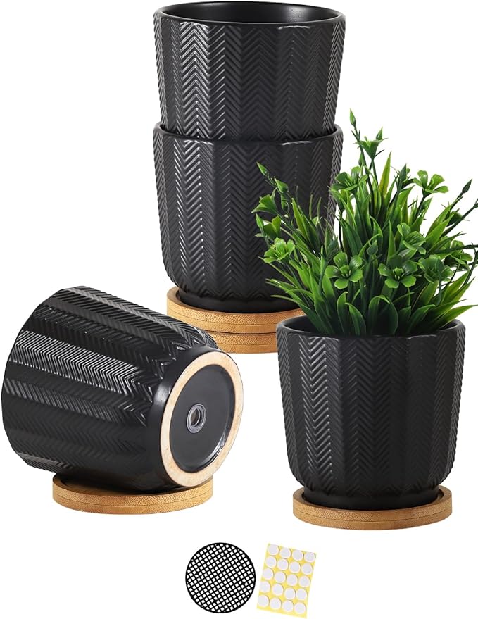 OMAYKEY 4.5 Inch Plant Pots with Saucer, Ceramic Black Planters Pots with Drainage Hole and Mesh Pads for Succulent, Cactus, Herbs - 4 Packs(Plant Not Included)