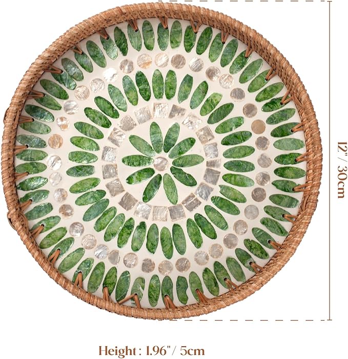 YANGQIHOME Round Serving Tray With Decorative Mother of Pearl Inlay, Rattan Wicker for Home Decor, Table Decor, Gifts, Dining, Woven for Food, Fruit, Coffee, 11.8 Inch