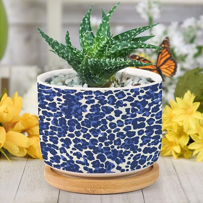 Leopard Purple and White Dot Ceramic Planters African Tribal Animal Print Planters for Indoor Plants with Drainage Holes and Saucers Pot for Succulents Cactus Garden Windowsill