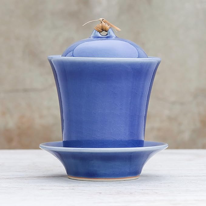 NOVICA Blue Ceramic Soup Cup Lid And Saucer Set, Cup Of Comfort In Blue'