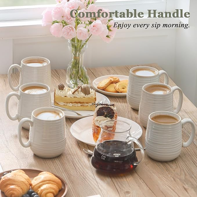HASENSE Coffee Mugs, 12 Ounce Ceramic Coffee Cups Set of 4, Latte Mug with Handle for Milk, Cocoa, Cappuccino, Tea Cup for Wedding Gift, Dishwasher Microwave Safe, Clay-Infused White