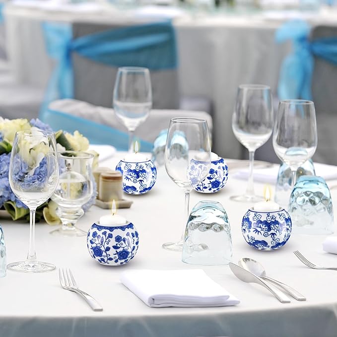 Soaoo 2 Pack Blue and White Candle Holders Chinoiserie Decor Porcelain Tealight Candleholders Votive Candle Holders for Holiday, Wedding, Party Table Centerpiece Home Decor, 1.85 x 2.75