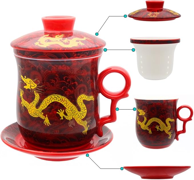 PLESIU Yuhytop Groye Tea Talent Porcelain Tea Cup with Infuser Lid and Saucer Sets - Chinese Jingdezhen Ceramics Coffee Mug Teacup Loose Leaf Tea Brewing System for Home Office