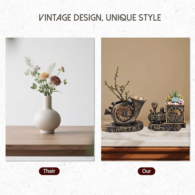 Retro-Style Succulent Pots with Drainage, Indoor/Outdoor Planter, Nostalgic Cactus/Bonsai Garden Pots for Home Decoration and Office Desk Decoration, Vintage Artwork (2 Piece Set) (Bronze-Colored)