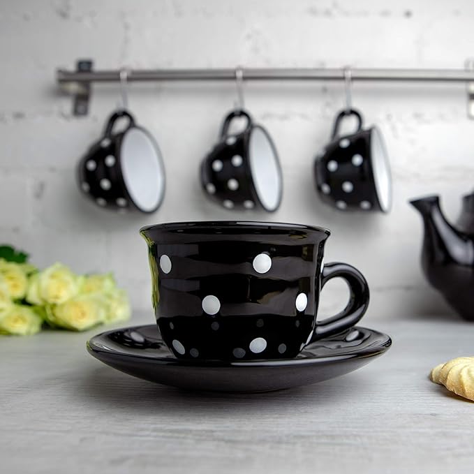City to Cottage Handmade Black and White Polka Dot Ceramic 8.4oz/250ml | Cappuccino, Coffee, Tea Cup and Saucer, Unique Designer Pottery for Tea Lovers