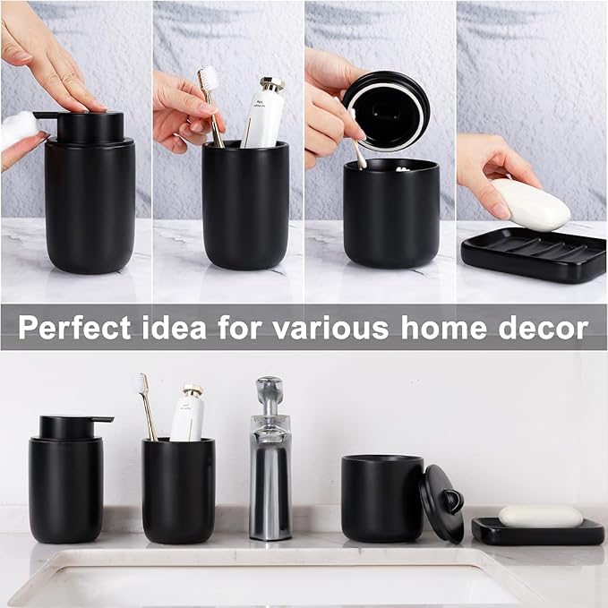BosilunLife Ceramic Bathroom Accessories Sets Complete Bathroom soap Dispenser and Toothbrush Holder Set (Black-Foam)