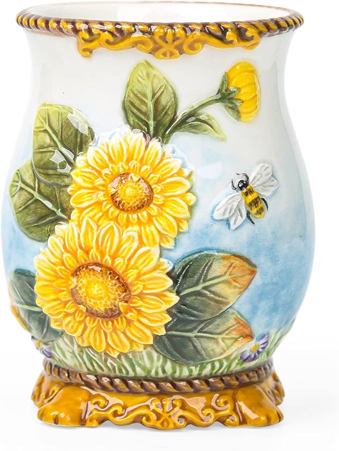 Ceramic Sunflower Bathroom Accessories Set, 4 Piece Bathroom Ensemble Set with Toothbrush Holder, Toothbrush Cup, Soap Dispenser, Soap Dish