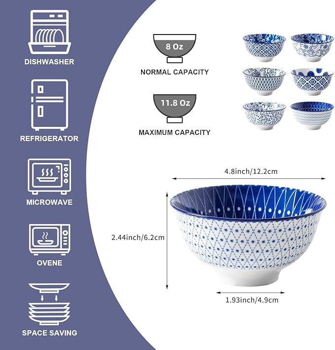 Ceramic Dessert Bowls Set - Small 12 Oz Ice Cream Bowls, 4.75 Inch Cereal Bowls for Snack, Fruit, Dipping Sauce, Side Dishes - Microwave Dishwasher Safe - Set of 6 - Vintage Blue