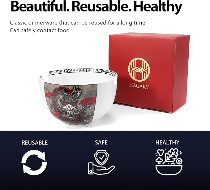 Hagary Dragon Ramen Bowl with Chopsticks Ceramic Bowl Stainless Steel Chopsticks Japanese Style Soup Bowls Housewarming Wedding Gifts Designed in Korea (With Chopsticks) (Black, 30 oz - 1pc)