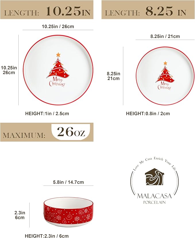 MALACASA Plates and Bowls Sets, 12 Pieces Christmas Porcelain Dinnerware Set for 4, Ceramic Dishware Dishes Kitchen Dining Ware Set, Microwave and Dishwasher Safe, Series LUNA-Christmas Tree