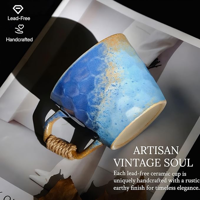 10oz Retro Vintage Japanese Style Handmade Ceramic Tea Cup with Handle, Lead-Free Reactive Glaze Artisanal Coffee Mug, Comfortable handle Handmade Pottery Tea Mug for office and home,Blue