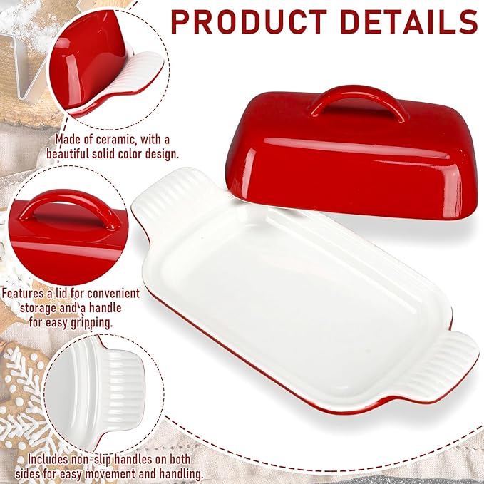 Qinyoung Ceramic Butter Dish with Lid for Countertop Extra Large Elegant Butter Dish Tray with Handle Durable Heavyweight Glazed Ceramic Kitchen Container Keeper Non-slip Base Minimalist(Red)
