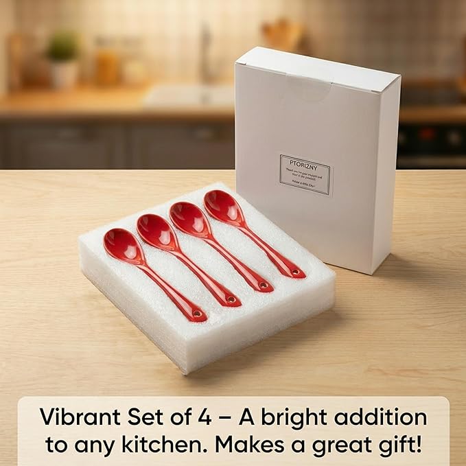 Mini Spoons for Spices, Ceramic Spoon 3.5 inch for Spice Jars, Espresso Spoons, Small Seasoning Spoon for Salt, Coffee, Sugar, Powder and Pepper (Red spoon A set of 4)