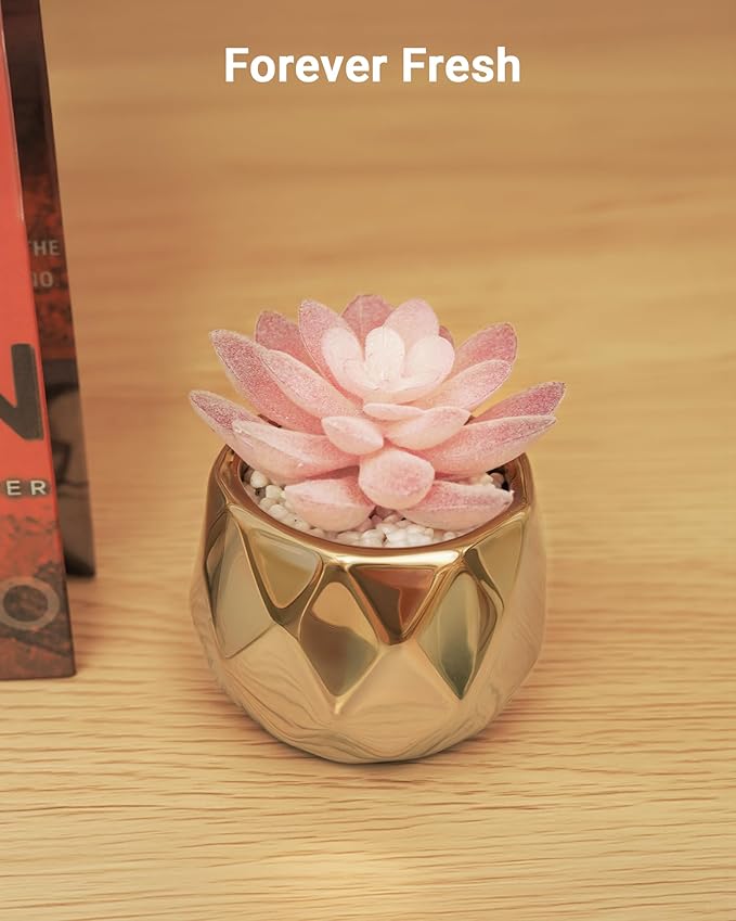VIVERIE Mini Succulents Plants Artificial in Pots-Pink with Golden Ceramic, Christmas Small Fake Succulents Plants for Home Decor Indoor for Women, Golden Ceramic Faux Succulents, Gifts for Mom