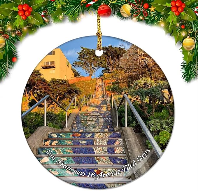 California San Francisco 16 Avenue Tiled Steps USA America Christmas Ornaments Ceramic Round Hanging Pendant Xmas Decor City Travel Souvenirs 3" Porcelain Double Sided