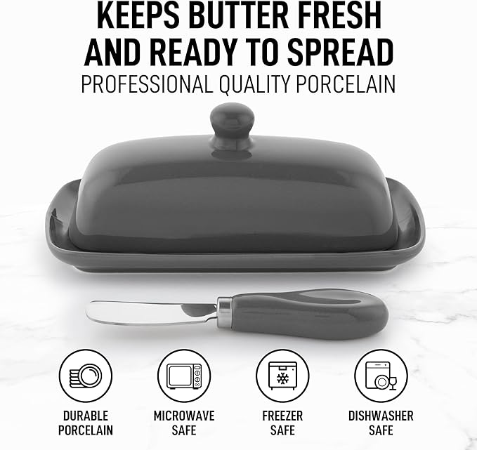 Zulay Butter Dish With Lid For Countertop - Porcelain Gray, Ceramic Butter Dish with Knob Handle Great for Cooking - Elegant Design Butter Holder - Durable & Sturdy Butter Keeper - Gray