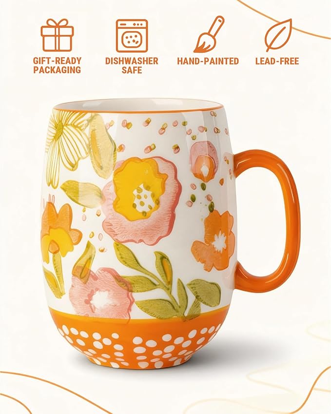 Large 24oz Ceramic Coffee Mug with Handle for Coffee or Tea, Hand-Painted Floral Pottery Mug for Women, Durable Microwave & Dishwasher Safe, Christmas Gift for Family, Holiday & Fall Decor