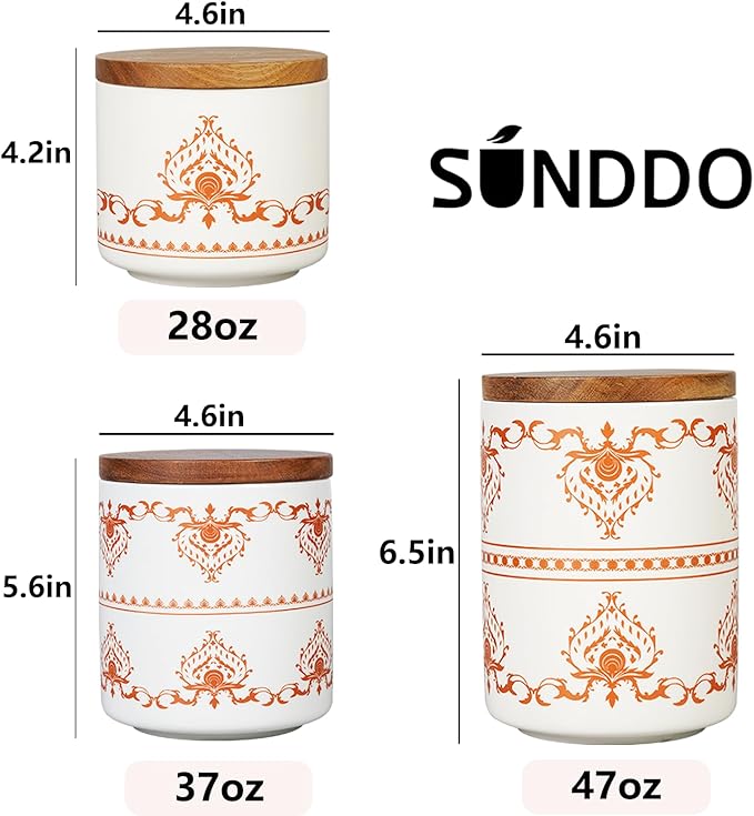 Sunddo Ceramic Canister Sets for Kitchen Counter with Airtight Wood Lids, Food Storage Jars for Coffee, Sugar, Tea Set of 3