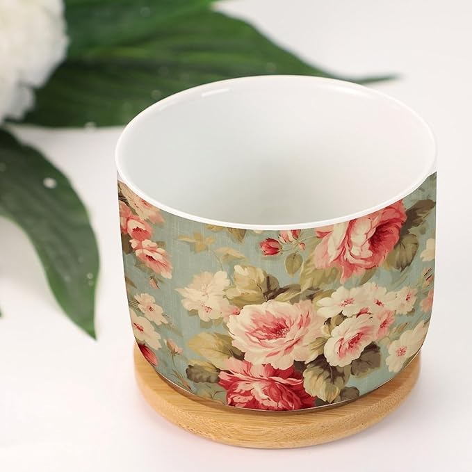 Set of 1 Cottage Chic Antique Pink Flower Small Succulents Pots Pink Cabbage Roses Romantic Ceramics Plant Pot with Drainage Bamboo Trays Oriental Chinoiserie Ceramics Round Planter