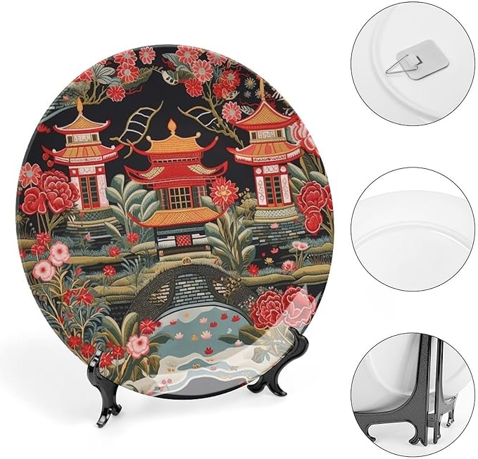 Chinoiserie Charcoal Coral Pagoda Asian Decorative Plate of 6", 7", 9", 10", Custom Oriental Chinoiserie Porcelain Dessert Plate Set, Club Housewarming Gifts Decorations Table, with 1 Display Stand
