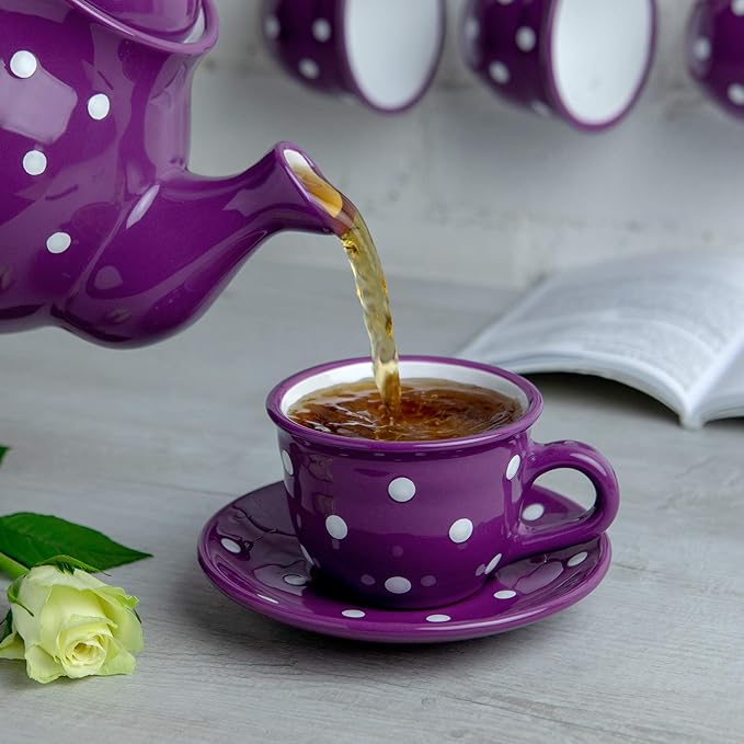 City to Cottage Handmade Purple and White Polka Dot Ceramic 8.4oz/250ml | Cappuccino, Coffee, Tea Cup and Saucer, Unique Designer Pottery for Tea Lovers