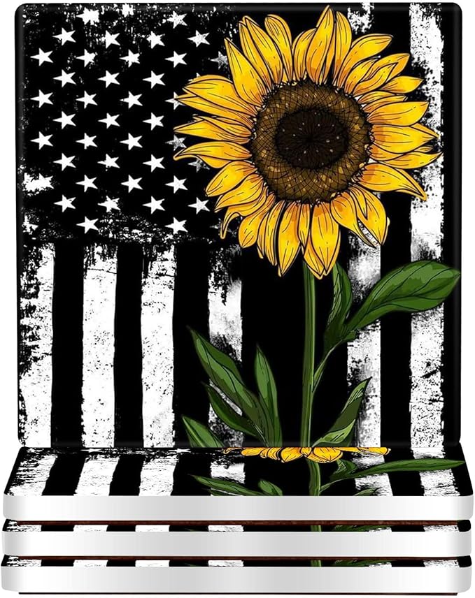 wonlex Ceramic Coasters Absorbent for Drinks, Sunflower Coaster with Cork Base for Coffee Table, Housewarming Gift for Family and Friends, Home Decor, 4 Pack (Black Sunflower)