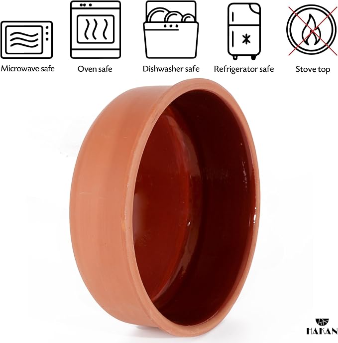 Hakan Athens Clay Bowl Set of 4, Terracotta 5.7-inch Bowls, 14.2 Oz Ancient Pottery, Glazed Inside Cooking Clay Bowls in Box, Turkish Clay Yogurt Pots, Earthenware for Mexican Dishes, 4 Pcs, 420 cc