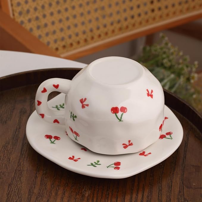 TREEWOO Hand Painted Cherry Ceramic Coffee Cup and Saucer Set, 300ml/10 oz, Korean Style, Hand Pinched Irregular Cappuccino Latte Tea Cup