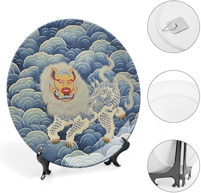 Blue Tibet Tiger Plates Ceramic, Custom Wall Hanging Decorative Plate for Festival Wedding Farmhouse Decor, 1 Plate with 1 Display Stand Art Decorations for Wall Office