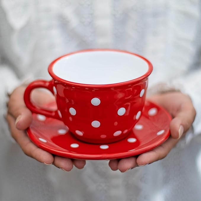 City to Cottage Handmade Red and White Polka Dot Large Ceramic 12oz/350ml Cappuccino Coffee Tea Cup and Saucer, Unique Designer Pottery Gift for Tea Lovers