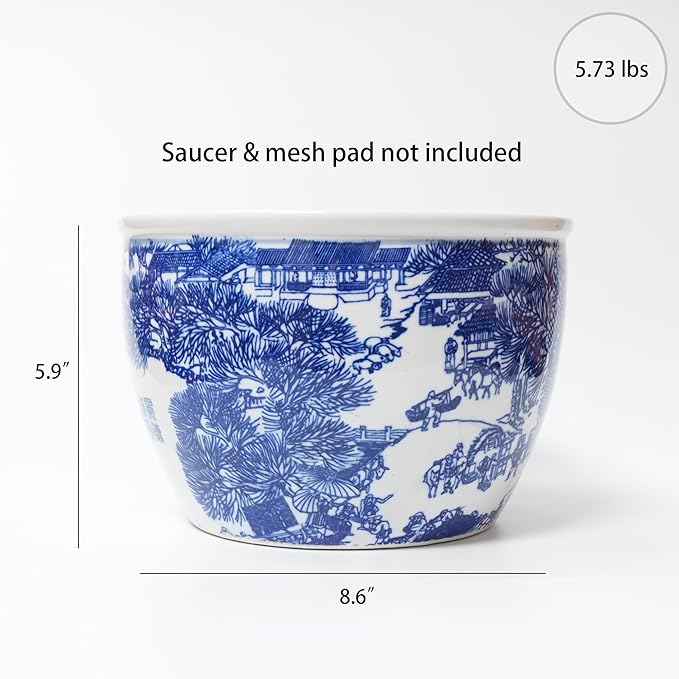 Blue and White Chinoiserie Planter, Blue and White Flower Pot for Indoor Plants, Oriental Pots for Plants, Oriental Porcelain Chinoiserie Pot, Ceramic Asian Planter, Medium