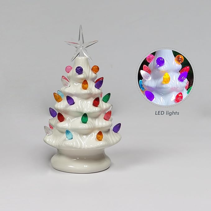 MOMENTS IN TIME Ceramic Christmas Tree 9” White LED Lighted Pre-Lit Tabletop Tree with Multicolor Bulbs & Star Topper, Battery Operated Holiday Décor